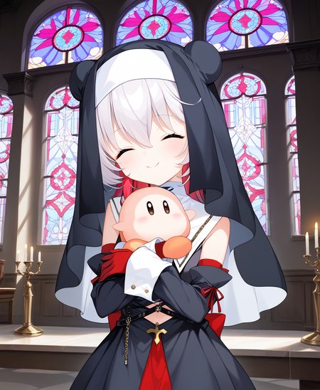 /1/score_9,score_8_up,score_7_up,rating_explicit,absurdres,unity 8k wallpaper,official art,official style,source_anime,game cg,ultra delicate hair,shiny skin,slender,stain glass,divine light,light coming through the window,<lora:tonde_pyokora_pony_v1:1>,black dress,cross,chain,nun,red gloves,dress,long sleeves,detached sleeves,frills,gloves,happy,smile,open mouth,closed eyes,upper body,indoors BREAK
(hug  waddledee:1.1),<lora:Waddle_dee>,waddledee,(no mouth:1.2),front view,
