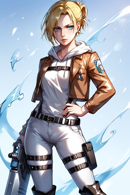 score_9, score_8_up, score_7_up, BREAK source_anime, <lora:annie leonhardt-PonyXL-lora-Faxtron:0.8> annie leonhardt, single hair bun, white hoodie, open cropped brown jacket, white pants, thigh strap, survey corps \(emblem\), knee boots,
