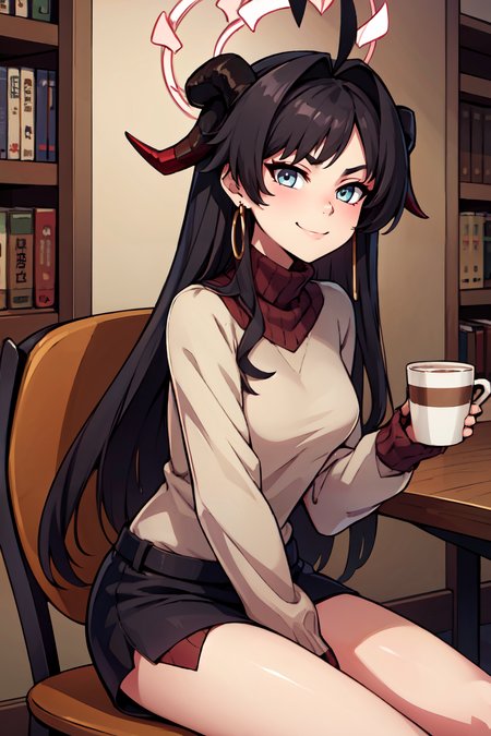 ((masterpiece,best quality)), absurdres,  BREAK, , <lora:Kasumi_BlueArchive_Citron:0.8>, zzKasumi, black hair, demon horns, long hair, ahoge, halo, black horns, red halo, , BREAK, turtleneck sweater, earrings, library, cup of coffee, sitting at table, BREAK, solo, smile, looking at viewer, cowboy shot,