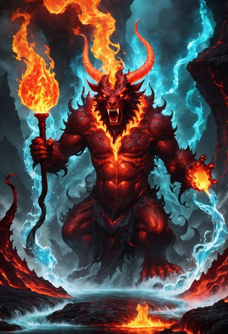 a red ferrous fire breathing, ghoulish, ghastly horned elemental in a hellish fiery lava filled environment. decimating everything in rage all around it while in the foreground ((A single wizard figure is using water magic)) to manipulate water to extinguish fires and battle the beast.
