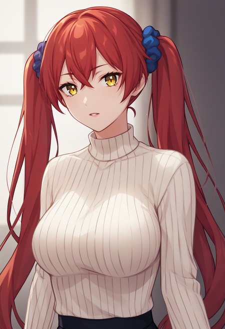 score_9, score_8_up, score_7_up, source_anime BREAK 1girl, solo, red hair, twintails, very long hair, hair scrunchie, yellow eyes, looking at viewer, parted lips, ribbed sweater, turtleneck sweater, white sweater <lora:pochimaru-artist-richy-v1_pdxl:1> large breasts