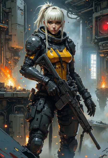 nistyle, a female space pirate. long messy platinum hair, bangs, sidelocks, battered power armour,  standing in the command room of a battered spaceship, holding a sci-fi assault rifle in both hands.