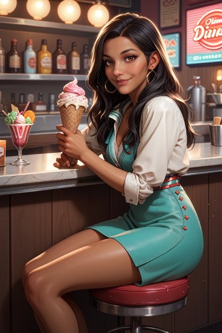 score_9, score_8_up, score_7_up, score_6_up
<lora:DVNeve:0.7>
DVNeve, 1girl, black hair, long hair, brown eyes, tanned, looking at viewer, smiling, sitting, on stool, inside diner, counter, holding ice cream cone