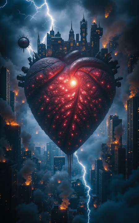 Ishtar,the never-sleeping steampunk city in the sky,revolves around a floating mechanical heart that emits a soft crimson glow,keeping thousands of gears and flying tracks in perfect rhythm. But the sky darkens as a colossal thunder dragon emerges,lightning spiraling across its wings. The heart begins to blink unpredictably,steam hisses from bursting pipes,and the sky shudders with tension. (vivid style, ominous lighting, dynamic motion, steam-and-storm aesthetic),<lora:aidmaMJ6.1_v0.5_3:0.6>,aidmaMJ6.1,<lora:detailifier_sd3.5:1>,detailifier,