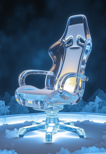 A gaming chair sculpted from pure, transparent ice, with smooth surfaces that beautifully refract light. The armrests and backrest feature elegant, flowing curves. The base is a central ice pillar branching into five crystalline legs. A cold blue and white LED glow emanates from within, highlighting the intricate details. The background is a frosty mist, enveloping a dark abyss, with cold, frosty air swirling around the base, enhancing the chilling atmosphere. The chair stands as the central focus in an ethereal, surreal environment.