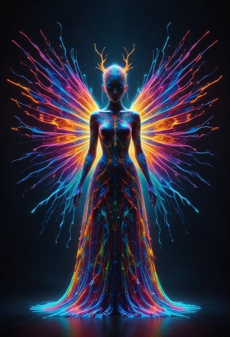 a full body fire entity whit multicolored flames, professional photography of an fantastical warrior fairy princess entirely made of cyberflies with whimsical elements, swirling magic, eerie fairytale landscape, elaborate fantasy style art, very colorful, intricate details, ultra sharp, exquisite detail, flawless composition, vivid colors, masterpiece, exciting background, TAS, TASvisuals, Psychedelic , Rave, Elaborate , Blacklight , Vibrant , cyberflies, black light paint, blp, Colorful Chaos Cracks and Drops, mad-glowtiedye, made out of,colorful,liquid,Murano Art Glass