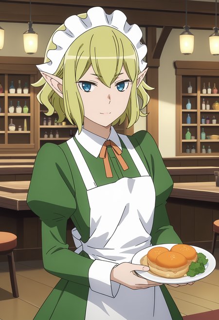 score_7_up, anime screencap,
<lora:DanMachi_RyuuLionXL:0.9>,
1girl, solo, closed mouth, light smile,
short hair, blonde hair, green hair, blue eyes, pointy ears,
RyuuMaid, green dress, white headdress, white apron, neck ribbon, orange ribbon, juliet sleeves, long sleeves, black pantyhose,
holding plate,
standing, looking at viewer,
indoors, fantasy, restaurant