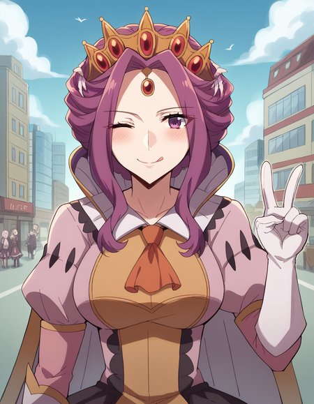 score_9, score_8_up, score_7_up, source_anime, <lora:mirelia-q-melromarc-s1s2s3-ponyxl-lora-nochekaiser:1>, mirelia q melromarc, purple hair, purple eyes, large breasts,, <lora:prisma-illya-cosplay-ponyxl-lora-nochekaiser:1>, prismaillyacosplay, prisma illya (cosplay), dress, elbow gloves, feather hair ornament, feathers, frilled dress, frills, gloves, hair ornament, layered gloves, magical girl, orange ascot, pink dress, pink feathers, pink gloves, pink sleeves, white gloves,, cityscape, street, smile, blush, v, v over eye, one eye closed, tongue out, , dutch angle, cowboy shot