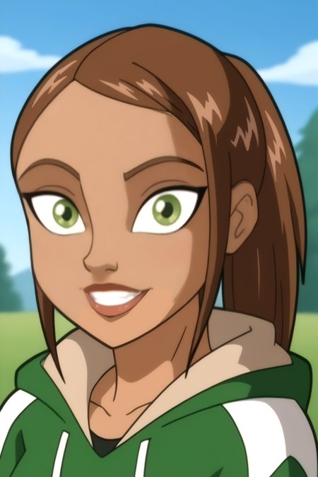 <lora:LionessV2:0.8> cartoon style, Lioness, bright green eyes, brown hair, hair highlights, upper body, smile