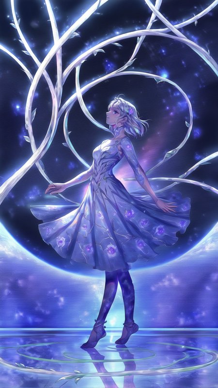 masterpiece, best quality,
,source_anime,
masterpiece,ultra-detailed,best quality,8K,illustration,
1girl, glowing, abstract, flower, leaf, vines, floral work, abstract, simplicity, light from up, reflecting floor, floral print, white, pose, contrapposto, stars, nebula, moon<lora:foomXLlokr8f-000184:1>