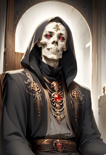 8k, score_9, score_8_up, score_7_up, Art Noveau, masterpiece, 1man (skeleton), (skull face), empty eye sockets, glowing red eyes, grey skin,
intricate black robe, intricate gold sash, black pants, black hood, gold trim, black capelet, high collar, no ears, long sleeves, long intricate gloves, emerald amulet. bracers,
sitting on throne, dark ruined palace, indoors,
1dk, portrait, Art Noveau, Noveau, skeleton, glowing eyes, black sclera, empty eyes, FFAOR, sharp_LASCALAE, ultra sharp focus,