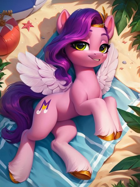 score_9, score_8_up, score_7_up, mlp_g5, my little pony, solo, pony, 1girl, pipp petals, lidded eyes, wings, wide hips, lying down, beach, ear tufts, long eyelashes, outdoors, best quality, high detailed, sharp lines, shaded 
<lora:mlp_g5>