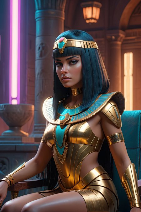 Tranquil Relaxing Atmosphere, <lora:DDR_Fashion:0.5> Cleopatra, reimaged in a cyberpunk universe, cyberpunk style, augmentation, cinematic scene, hero view, action pose, beautiful 8k, masterpiece, best quality, high quality, absurdres <lora:add-detail-xl:1> <lora:DetailedEyes_V3:1>, calming style, soothing colors, peaceful, idealic, Tranquil Relaxing Atmosphere