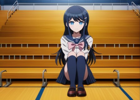 <lora:Sayaka_Maizono_SDXL:1>,  (((blue socks))), This is an anime screencap from Danganronpa 3.  (((blue socks))), Sayaka Maizono wearing her uniform from Danganronpa 1. She has her long blue hair down. She is wearing the white and blue Hope's Peak Academy uniform with a bright white top. Her sleeves reach her wrists.  She's wearing a light pink ribbon.  She has a short, pleated, blue skirt. Sayaka Maizono wears navy blue thigh-high socks. Her footwear is dark brown Mary Janes shoes. Sayaka Maizono is looking at the camera. The background is bleachers at Hope's Peak's gymnasium. The lighting is soft and warm.