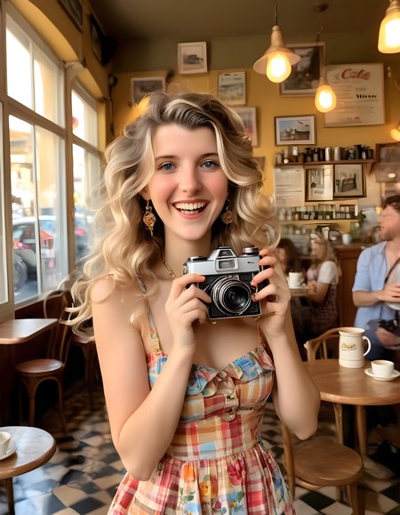 AmeliaGabs, a radiant woman with cascading dark waves, adorned in a vibrant floral sundress and multiple layers of intricate jewelry, is captured mid-smile, her pearly teeth gleaming, as she holds a vintage camera aloft, gazing directly at the viewer. The scene unfolds in a quaint, sunlit French cafe, with warm golden light streaming through the open windows, casting dappled shadows on the distressed wooden tables and colorful checked floor tiles, while the soft aroma of freshly brewed coffee wafts through the air, creating an inviting and intimate atmosphere.