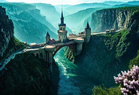 towers ringed in mist, sunrays, mixed media, flux-style, surrealism, fantasy, great lighting, A surreal landscape highly detailed, extremely high-resolution details, appears trapped in an optical illusion of reflections and refractions, colorful, Spring, cherry blossoms in the wind, sweeping vistas, majesty, spring blooms, (Zhangjiajie mountains:1.2),  (((Paris in contemporary France, baroque architecture, European architecture, German Renaissance towers))), (stone arch bridges:1.05), winding rivers extending to the horizon, professional photography, natural lighting, volumetric lighting maximalist. vivid, vibrant colors, intricately detailed, (psychedelic colors, psychedelic colors:1.15), complex, elegant, expansive, fantastical, film photography style, medium grain, cmnt
 (8k uhd:1,4)
 <lora:add-detail-xl:1>
 <lora:Dynamic Poses:1>