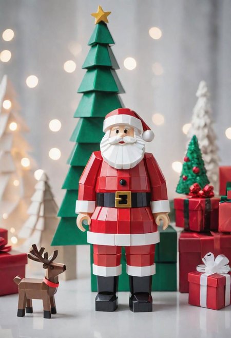 suprematism style Santa claus celebrating christmas, reindeer, tree, presents, background bokeh, christmas time, made of ral-ducttape