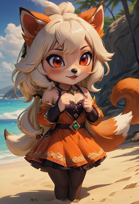 furry fox girl, ((brown fox)), (chibi), 
bad fox, with red big eyes,  beach,
(orange) dress, portrait
Hyperrealistic art high-quality portrait flat matte drawing of a cute Nendoroid and cartoon style, anime flat style, thick drawing, medium close-up", (solo:1.2), photorealistic:1.5, 8k, texture skin, realistic skin, detailed skin, highest detailed, extreme detailed, 8k wallpaper, colorful, (dark magic), ring with the stone, (intricate details), (hyperdetailed), 8k hdr, high detailed, lot of details, high quality, soft cinematic light, atmospheric perspective (focus on), color Ink wash painting, Extremely high-resolution details, photographic, realism pushed to extreme, fine texture, incredibly lifelike,