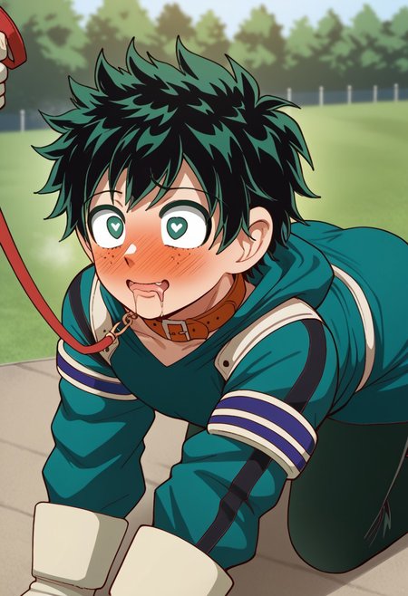 source_anime, masterpiece, best quality, 1boy, solo focus, midoriya izuku, green bodysuit, white gloves, all fours, heart-shaped pupil, collar, excited, full-face blush, drooling, on leash, from side, side view, outdoors, in park