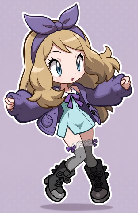 1girl, solo, full body,
serena \(pokemon\), long hair, blonde hair, blue eyes, purple ribbon-trimmed cardigan, sleeves past wrists, long sleeves, aqua dress, hobble dress, grey lace-trimmed thighhighs, black leather boots,
<lora:ShantaeChibi:1> shntchibi, petite, chibi, jumping, extremely detailed, highres, masterpiece, best quality