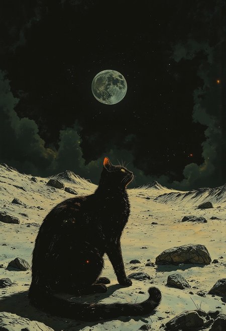 a kitty sitting on the surface of the moon. Looking up at a small earth in the distance.