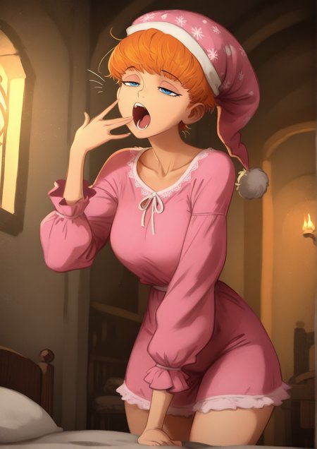 masterpiece, best quality, newest, absurdres, highres, new, solo, 1girl, blue eyes, orange hair, d'arce \(fear & hunger\), pink sleepwear, nightcap, half-closed eyes, yawning, cowboy shot, medieval room interiors, bed <lora:d'arce_Illustrious-000012:1>, (khyle.:0.8), artist:wafferscotch,, aka6