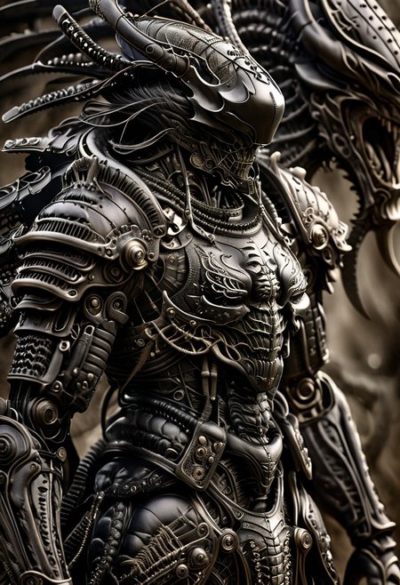 stunning, magnificent, HD, photorealistic, samurai, dramatic lighting, solo, standing alone in a desert, intricate details, intricate armor, intense gaze, mythical, legendary, powerful, ((dark, evening)), cinematic, close-up, art by hr giger,
 armor, science fiction, no humans,
 vintage painting,painting,realism,Americana art,artistic style