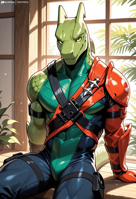 best quality, newest, absurdres, highres, 1boy,solo,Anthro,lizard,hybrid,green body,ninja outfit,yellow eyes,scalie,sitting