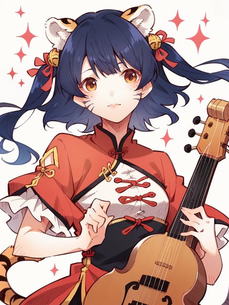 score_9, score_8_up, score_7_up, score_6_up, score_5_up,  <lora:orionlineXLP:1> orionline, chinese clothes, instrument, tiger ears, two side up, frilled shirt, 1girl,
