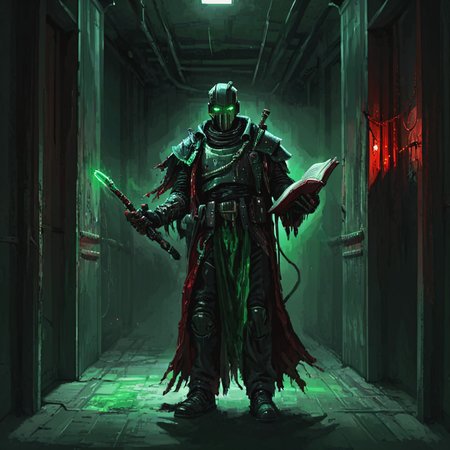 a nqstrman man in a costume holding a book and a sword,  grim darkness, gritty, dark corridor, metal walls, steel beams, pipe, wires, science fiction, red and green glow, apxlz