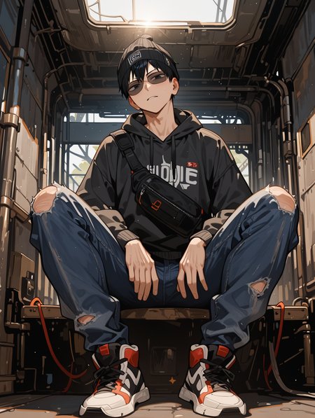 KageyamaTobioCYQL,<lora:KageyamaTobioCYQL:1>,1boy,male focus,solo,black hair,black eyes,Hooded sweatshirt, Distressed jeans, Chunky sneakers, Crossbody bag, Beanie hat, Sporty sunglasses,naughty_face,head_tilt,
BREAK
scenery,sunlight,sciencefiction,light,indoors,cable,outdoors,,
BREAK
<lora:spo_sdxl_10ep_4k-data_lora_webui:0.5>,<lora:illustrious_all_rated_v1:0.6>,<lora:748cmSDXL:0.8>,748cmstyle,<lora:DarkerThanBlackIllustrious:0.5>,<lora:EtherSDXL:0.5>,EtherStyle,,
perfect quality,high quality,masterpiece,best quality,amazing quality,very aesthetic,absurdres,newest,