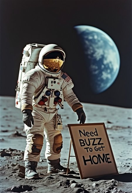 Buzz Aldrin sitting on the moon in front of the Lunar Lander, holding a sign that reads "Need BUZZ to get home", the Earth is seen in the background