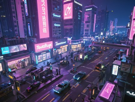 citybkg, cyberpunk, night, ambiance, detailed, street, futuristic, city lights, billboards on buildings, neons, aerial front view, city lights, high buildings, low buildings, shops, shop signs, illuminated, people, traffic, cars, <lora:City_Worlds:1>