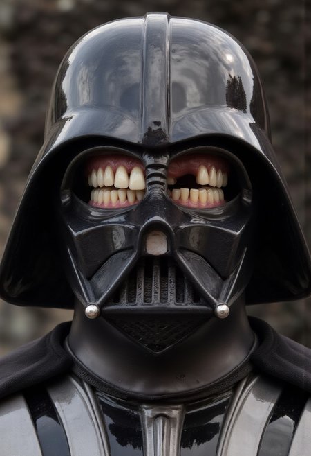 Darth Vader with human teeth and black gums, d4nt4 a mouth with missing teeth