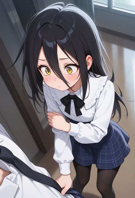 masterpiece, best quality, amazing quality, 

KHA_ONE, hair between eyes, long hair, yellow eyes, black hair, plaid skirt, black pantyhose, white shirt, black bow, frilled, blue skirt, dress