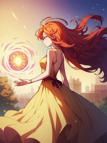 score_9, score_8_up, score_7_up, score_6_up, score_5_up,  <lora:NGNLXLP:1> ngnl, 1girl, long hair, ginger hair, dress, magic