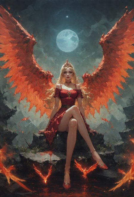 ASCII(score_9, score_8_up:1.1), score_7_up,   1girl, petite, blonde hair, long hair, phoenix wings, glossy red skirt, glossy red top, void forest, sitting on rock, crossed legs, red water, magical, golden tiara, blood moon, void, fire  <lora:Concept Art Eclipse Style LoRA_Pony XL v6:0.5>  <lora:d4rk01lXLP:0.7>