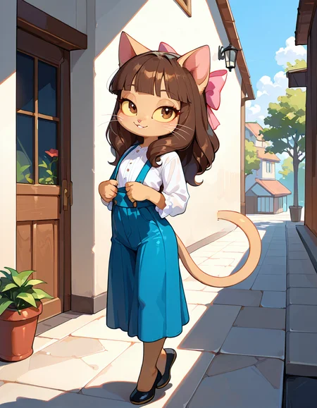 masterpiece, best quality, very aesthetic, absurdres,
outdoors, 
full body, posing, 
seductive smile, parted lips, long eyelashes,
 <lora:Ivy_Pepper_v01_NAIXL:1>
1vyP3pp3r,1girl,solo,furry,furry female,cat girl,cat ears,brown hair,hair bow,long hair,blunt bangs,brown eyes,yellow sclera,animal nose,whiskers,body fur,cat tail,