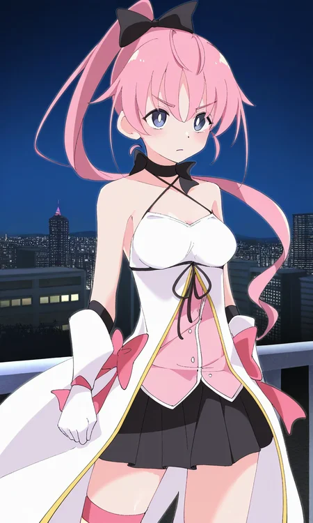 1girl, solo, rinlilustea, magical girl, pink hair, ponytail, long hair, hair bow, blue eyes, bright pupils, outdoors, city, night, cowboy shot, serious
