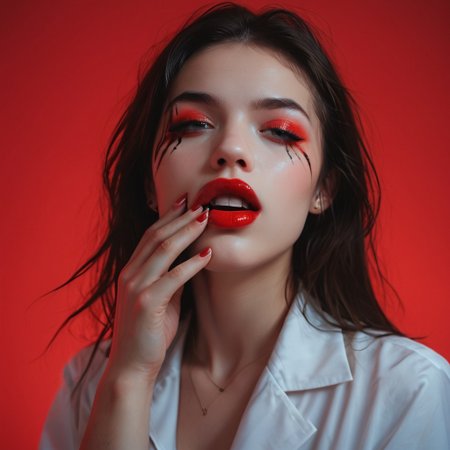 score_9, score_8_up, score_7_up, photograph, 1girl, solo, supermodel, pale skin, detailed, professional photoshoot, cinematic lighting, head out of frame, full red lips, teeth, lipstick, simple red background, (wiping mouth, wiping makeup, (((wiping with the back of the hand))), g0thicPXL, glowing, neon, Expressiveh