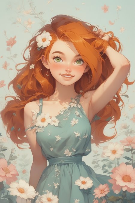 score_9, score_8, score_7 up, 1girl, kim possible, beautiful eyes, soft smile, blush, fl0rald0lls, hand in hair, summer dress, pastel background, flowers, leaf, pink flower, white flower <lora:Floral Dolls Pony Style:0.8><lora:EnvyPonyPrettyEyes01:0.7> <lora:Kim_Possible:0.8>