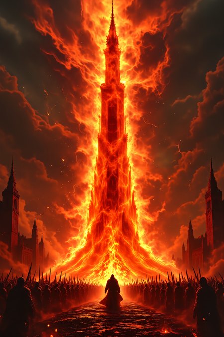 A towering wall of blazing, magical fire stretches across a battlefield, its molten embers licking the air like living serpents. On one side, an army of shadowy figures halts just before the inferno, their weapons reflecting the crimson glow. A lone mage stands before the flames, their cloak billowing, hands raised as glowing runes spiral around them, feeding the barrier with raw energy. Behind them, the last remnants of a cityâs defenders take a breath of relief, knowing that, for now, the fire will hold. The sky above is darkened with storm clouds, the red glow of the firewall casting eerie, flickering silhouettes on the stone walls behind.<lora:OBInstant camera portrait photography V2.0:1.0>, <lora:Dark side of light:0.55>, <lora:aidmaFLUXPro1.1-FLUX-v0.3:1.0>, <lora:Glitchcore_Flux:0.8>,