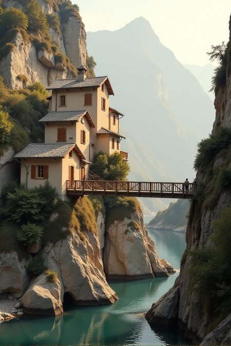 (((a village built into the side of a mountain, with wooden bridges connecting various parts of the town.))), Soft Beige, Cozy Comfort: warm lighting, beige tones, soft focus, cozy ambiance, comforting elements, gentle textures, tranquil look, cozy atmosphere, comforting aesthetics, capturing emotions, serene scenes, artistic feel, storytelling through textures, professional technique, gentle light manipulation, cozy concept, comforting styling, tranquil environment, surreal aesthetics, captivating narratives, intricate details, cozy landscape, editorial storytelling, warm glows, evoking comfort, pushing creative vision <lora:add-detail-xl:2> <lora:Cosine_freck:1>âââ