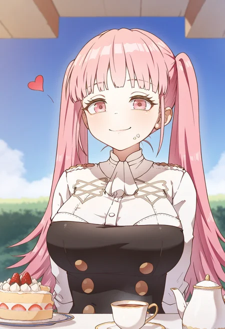 masterpiece,best quality,amazing quality,
1girl, hilda valentine goneril, pink hair, twintails, pink eyes, long hair, solo, garreg mach monastery uniform, teacup, food, breasts, smile, cup, uniform, large breasts, looking at viewer, cake, bangs, closed mouth, heart, teapot, upper body, sky,
 <lora:MountainHan:1>