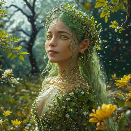 epiCRealism, (masterpiece, extremely detailed, highest quality), the queen of the forest is the most beautiful creature in the woods, cute, sensual, petite with an hourglass figure, wears a see through dress made of tiny interwoven leaves and a crown of flowers, carefree, smiling and happy with beautiful and expressive yellow eyes, open eyes, walking across her glade among flower beds and old oaks and willows, her hair floats behind her catching the wind, her long and green hair is full of small leaves and berries, it is springtime and a storm has just finished leaving trillions of drops, (the air is full of birds, bees, insects and a myriad of small seeds), sunlight, the Sun shines glorious among the heavy stormy clouds sending its rays down to the glade like columns of light