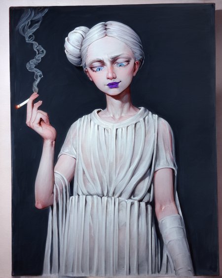 solo focus, surreal,  williamblakestyle, fine art parody, traditional media, solo focus, score_9, 1boy, silver hair, single bun, thin blue eyes, androgynous, purple lipstick, royal clothes, lord, warior, knight, smug, looking down, holding a cigarette <lora:William_Blake_ForPony:1>