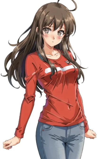 retro style , 1girl , solo , medium breast , bang , ahoge, long hair , blush, standing , shirt, pant , looking at viewer, <lora:retro_style:0.9>