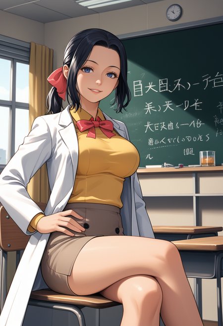 score_9, score_8_up, score_7_up, source_anime, BREAK, 1girl, smile, looking at viewer,  <lora:Mari-pdxl_Fp:1>, maridesu, black hair, blue eyes, ponytail, hair ribbon, collared shirt, yellow shirt, ibbon, lab coat, skirt, hand on own hip, large breasts, classroom, chalkboard, sitting, crossed legs, parted lips,