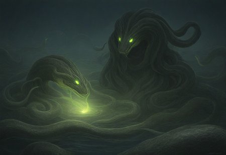 dark fantasy art, gothic art, detailed background, intricate, Exquisite details and textures, highly detailed, ultra detailed photograph, 4k, sharp focus, high resolution, a wolf with snakes skin, summoning creature, fire and water vortex, dramatic, green eyes, glowing eyes, gothic cloak, backlit fog surrounds character, snakes surround the character on the ground, character is in an ancient tomb, 12 snake soldiers surround main character
snake, snake on shoulders, sn4k3