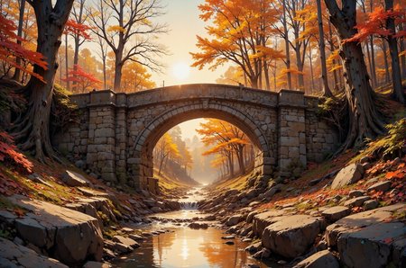 This photograph captures a serene autumn landscape dominated by a rustic stone bridge arching over a tranquil stream. The bridge, constructed from large, weathered stones, spans the width of the image, with a reflective water surface below it mirroring the warm, golden hues of the setting sun. The sun, partially obscured by the dense foliage of tall trees, casts a warm, amber glow across the scene, illuminating the vibrant autumn colors. The trees, mostly bare, display a mix of fiery reds, deep oranges, and golden yellows, with a few leaves clinging to their branches. The ground is covered with a layer of fallen leaves, adding to the rich tapestry of colors.
On either side of the stream, the banks are lined with smooth, dark rocks, adding texture to the scene. The sky is clear, allowing the sunlight to penetrate through the trees, creating a dappled effect on the ground and water. The overall mood of the image is peaceful and contemplative, capturing the essence of a crisp autumn day. The photograph emphasizes the interplay of light and shadow, color and texture, creating a harmonious and picturesque scene.
 <lora:DarksunRIDDV3:0.5> <lora:flux_hyperkraximalism-balanced:0.5> <lora:Midjourney_-_SemiReal_Dreams_FLUX_LoRA:0.5> <lora:CPA:0.5> <lora:Anime_realistic_v2:0.5> Realistic anime style <lora:BLUE_mk4_angel_FLUX_01:0.5>